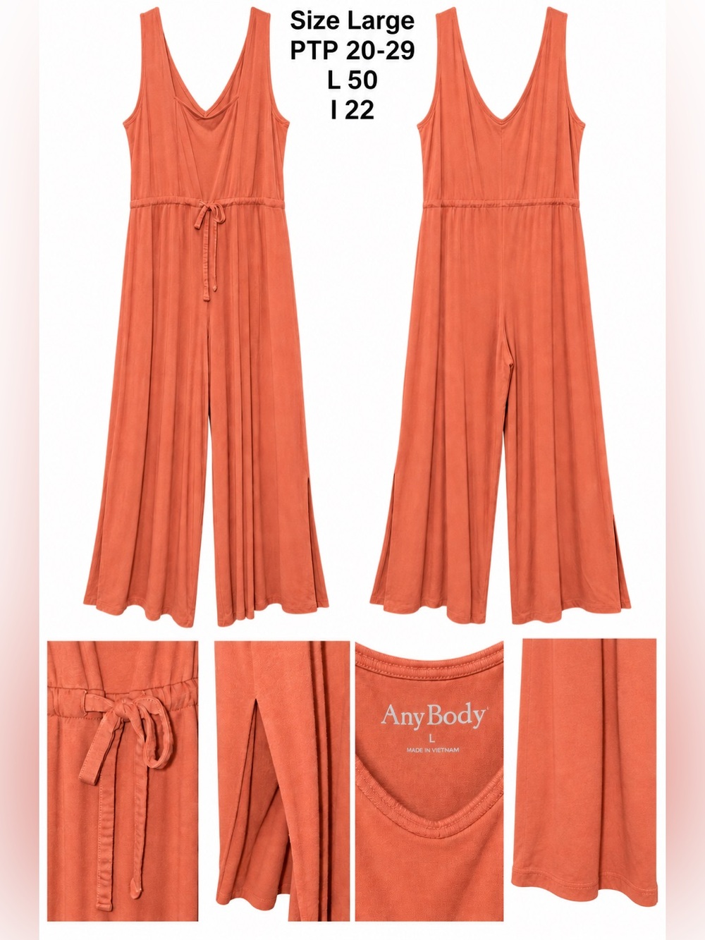 AnyBody Rust Orange V-Neck Wide-Leg Jumpsuit with Tie Waist